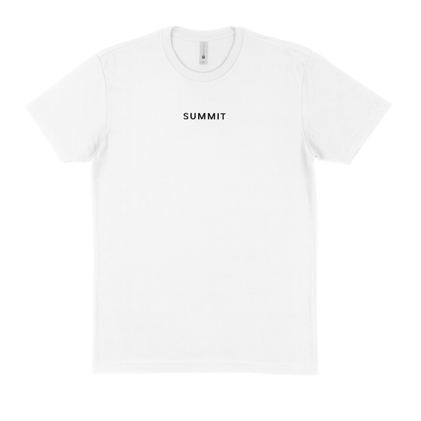White t-shirt with 'SUMMIT' text on a white background