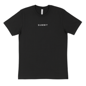 Black t-shirt with 'SUMMIT' printed on a white background