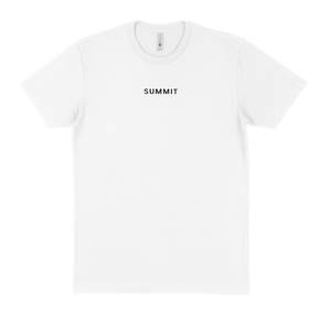 White t-shirt with 'SUMMIT' text on a white background